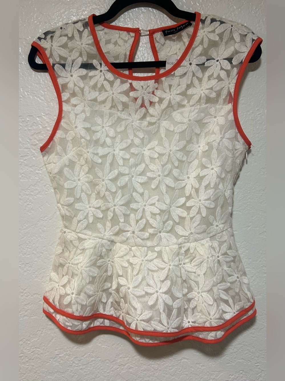 Pure Sugar White Floral Lace Peplum Top with Coral Trim